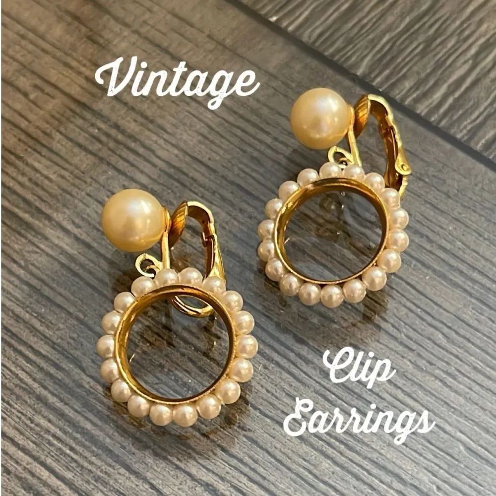 Vintage Pearl Drop Pearl Circle Dangle Clip Earrings